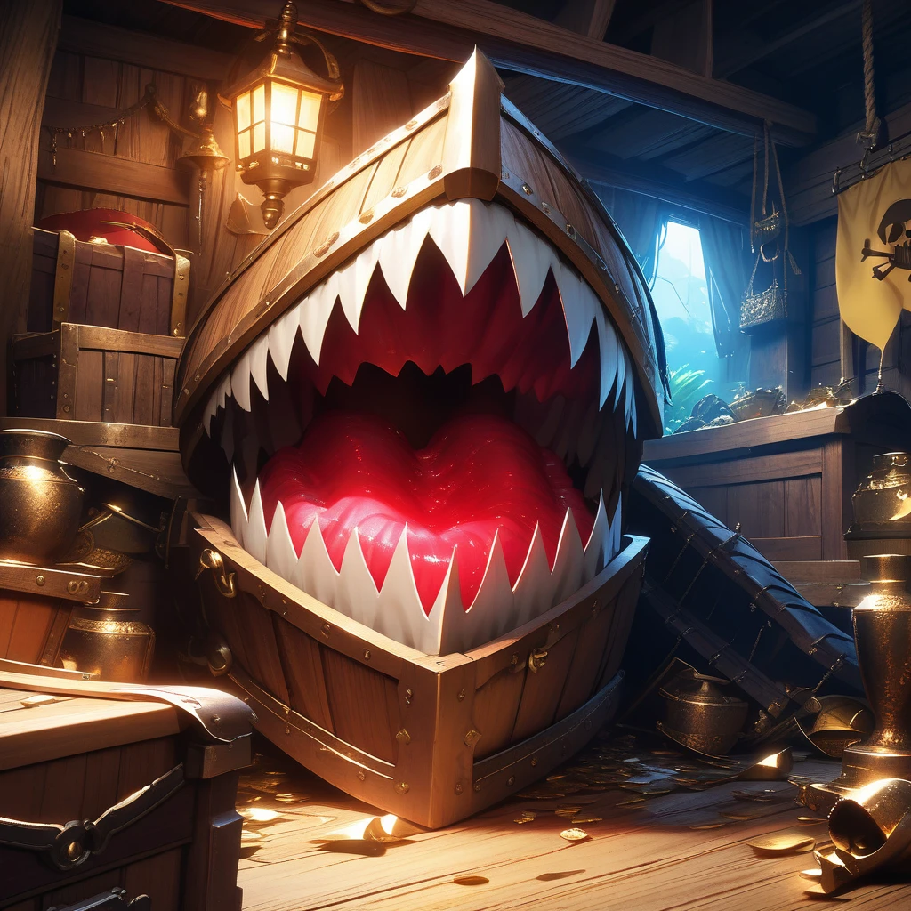 In the pirate's hideout, a treasure chest-shaped mimic opens its mouth wide, baring its sharp fangs. Glowing eyes glow in the dark, and realistic wooden textures and metal decorations. In the background, moonlight shines through, revealing pirate flags and scattered treasure.
