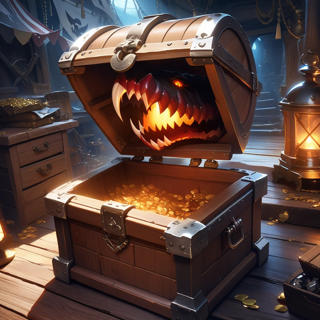 In the pirate's hideout, a treasure chest-shaped mimic opens its mouth wide, baring its sharp fangs. Glowing eyes glow in the dark, and realistic wooden textures and metal decorations. In the background, moonlight shines through, revealing pirate flags and scattered treasure.