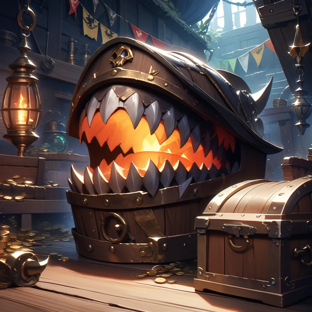 In the pirate's hideout, a treasure chest-shaped mimic opens its mouth wide, baring its sharp fangs. Glowing eyes glow in the dark, and realistic wooden textures and metal decorations. In the background, moonlight shines through, revealing pirate flags and scattered treasure.
