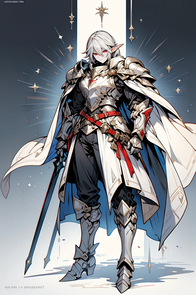 male elf knight, full body art, silver hair, white skin, red iris eye, knight full plate adorned armor, silver cape, perfectly detailed