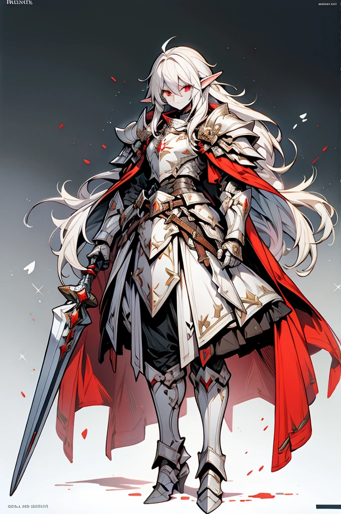 male elf knight, full body art, silver hair, white skin, red iris eye, knight full plate adorned armor, silver cape, perfectly detailed