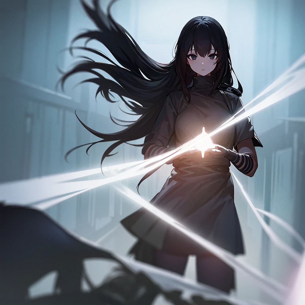 Vignette effect, Anime girl, white skin, black hair, black eyes, comic effect, extending hands to camera, cinematic lighting, dark fantasy