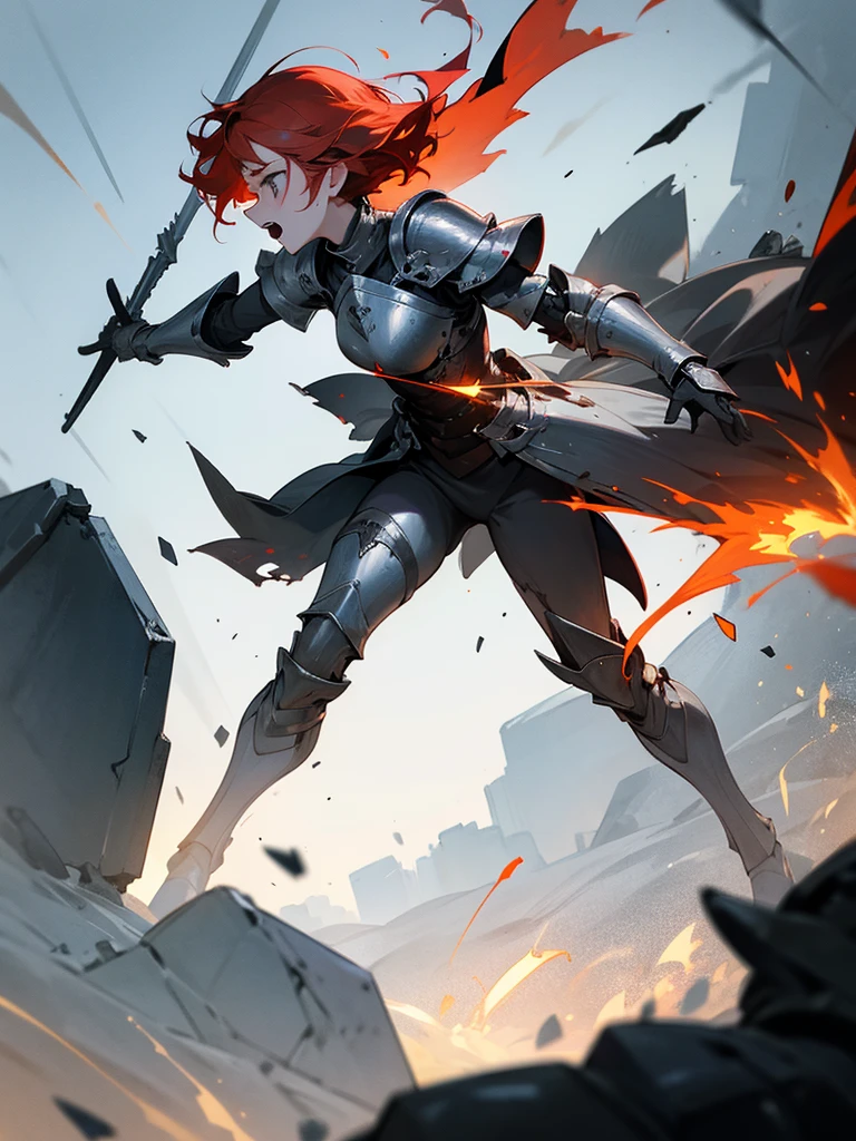 Short-haired redhead woman wearing partially destroyed silver full-body armor, while screaming wounded wielding a red magic-infused battlefield on a ruined battlefield