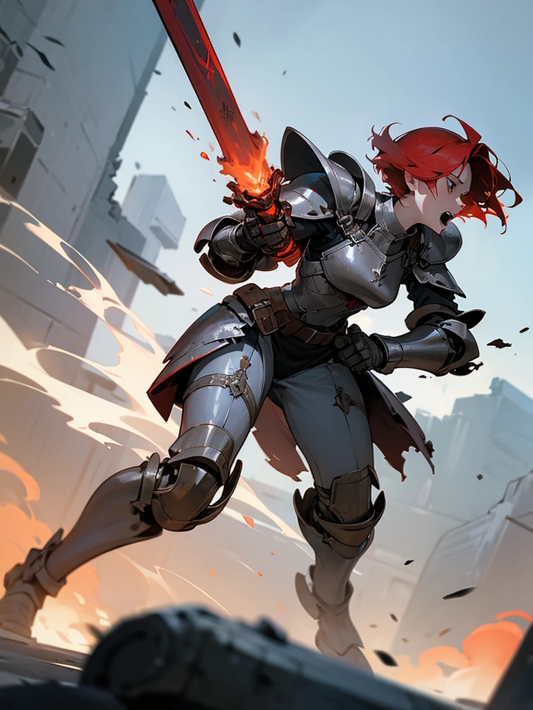 Short-haired redhead woman wearing partially destroyed silver full-body armor, while screaming wounded wielding a red magic-infused battlefield on a ruined battlefield