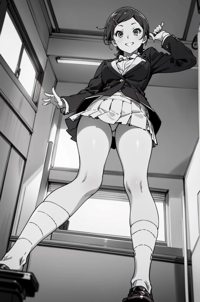solo, 1girl, , hazuki katou,.,looking viewer ,grin,medium breasts,classroom,blazer,miniskirt,socks,standing,(view from below:1.5)