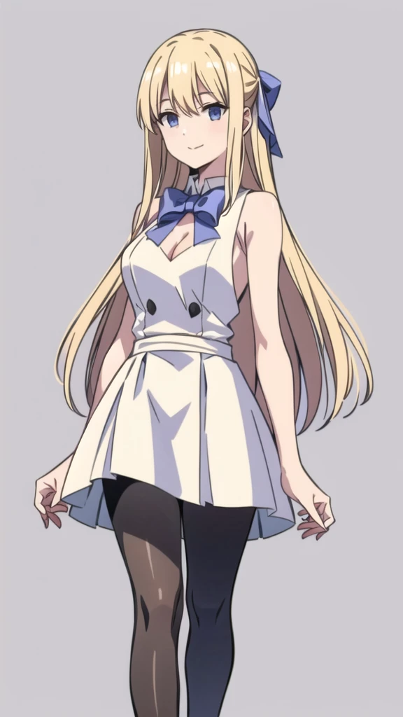 (1girl,20 years old,mature female),blonde hair,long hair,white dress, sleeveless, bow tie, bare shoulders,smile,cleavage,pantyhose,(white background),extra arms,four arms