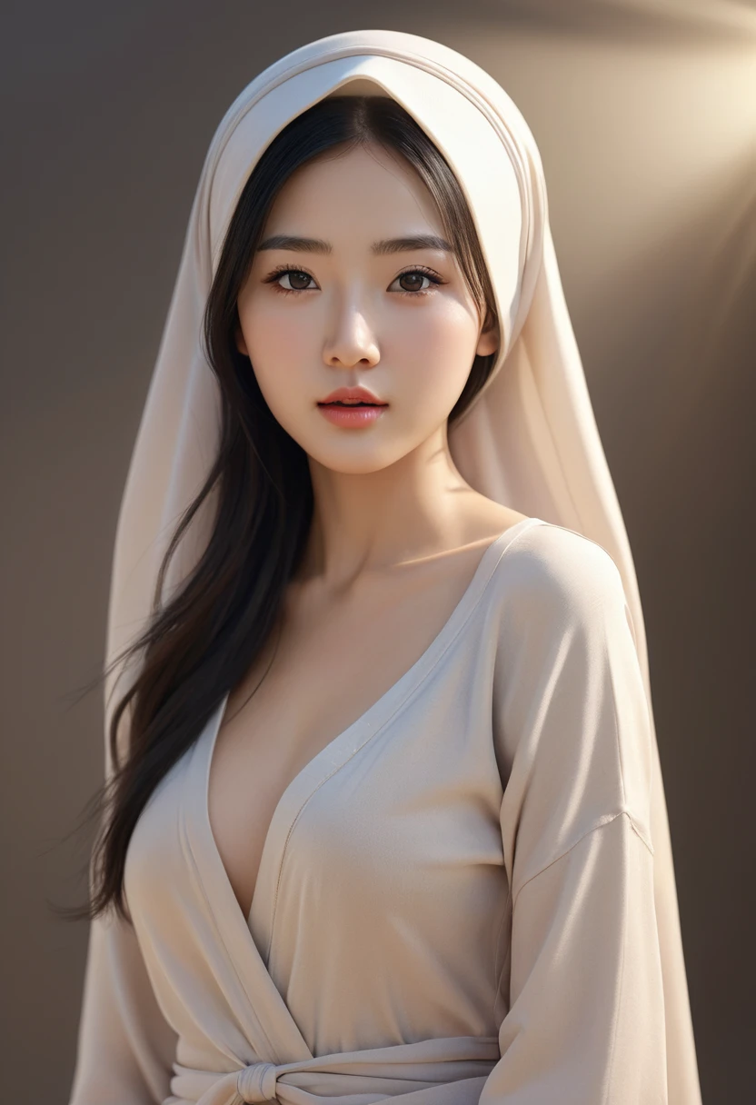 8k, hyper resolution, extremely detailed, A highly detailed, full body 3D rendering of a realistic naked chinese young girl and only wearing a hijab with accurate face and wearing g-string. She is nude and standing confidently showing sexy body, badroom background, drawing attention to its cheerful and elegant appearance. Her skin is smooth, naturally glowing and healthy, and her eyes are bright and expressive. The overall style is a mix of realism and a hint of cartoon features, giving it a lively look. use soft photography lighting