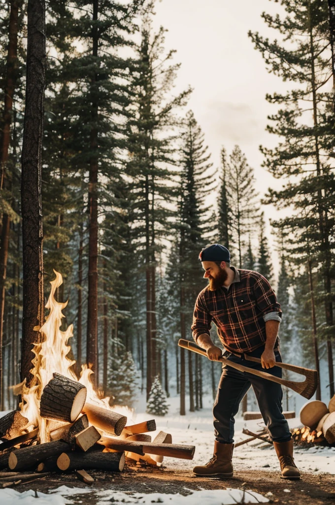 Cartoon of a lumberjack chopping firewood outside a cabin in the morning