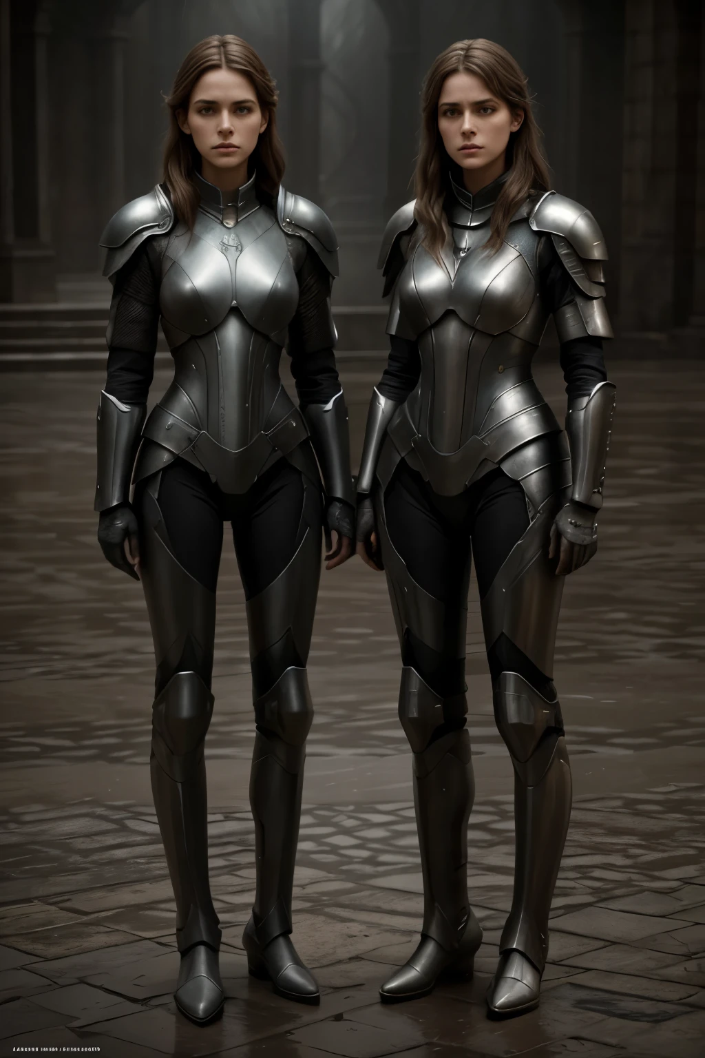 there are two women in armor standing next to each other, highly detailed surreal vfx, inspired by Peter Lindbergh, desaturated and muted colors, inspired by Nikola Avramov, clockpunk, detailed and beautiful faces, by Steven James Petruccio, prometheus (2012)
