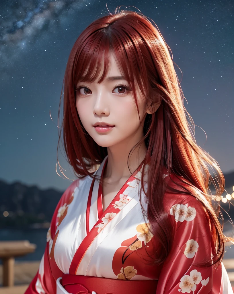 (Highest quality, 32k, High resolution, Masterpiece:1.5, ), marimo_jet, god々A photograph with brilliant dazzling and healing power., Evoking a sense of calm and elusive beauty, Expressing emotions, Have a rich imagination,Beautiful Japanese Girls, An exceptionally beautiful face, Small Face Beauty, Perfect Human Anatomy, Magical big eyes, Motherhood and generosity, Deep Love, fleeting smile, ((shiny red hair:1.1)), ((Super Long Straight Silk Hair)), Asymmetrical bangs, Hair between the eyes, Transparent, soft white skin, Sharp eyebrows, Thin lashes, Natural Makeup, Cheek highlighter, Pale pink detailed lips, , ((Red kimono:1.5)), Slim figure with ample breasts, ((Detailed night sky background:1.3)), , Professional Lighting, Professional photographer, Professional models, god秘的