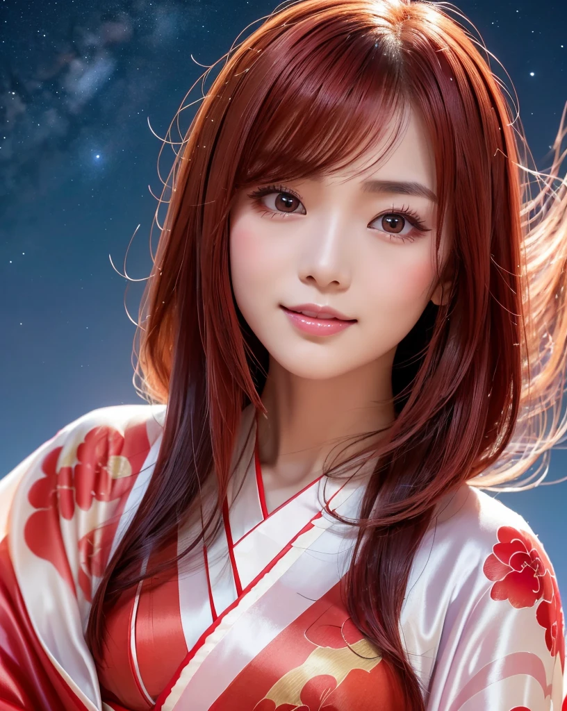 (Highest quality, 32k, High resolution, Masterpiece:1.5, ), marimo_jet, god々A photograph with brilliant dazzling and healing power., Evoking a sense of calm and elusive beauty, Expressing emotions, Have a rich imagination,Beautiful Japanese Girls, An exceptionally beautiful face, Small Face Beauty, Perfect Human Anatomy, Magical big eyes, Motherhood and generosity, Deep Love, fleeting smile, ((shiny red hair:1.1)), ((Super Long Straight Silk Hair)), Asymmetrical bangs, Hair between the eyes, Transparent, soft white skin, Sharp eyebrows, Thin lashes, Natural Makeup, Cheek highlighter, Pale pink detailed lips, , ((Red kimono:1.5)), Slim figure with ample breasts, ((Detailed night sky background:1.3)), , Professional Lighting, Professional photographer, Professional models, god秘的