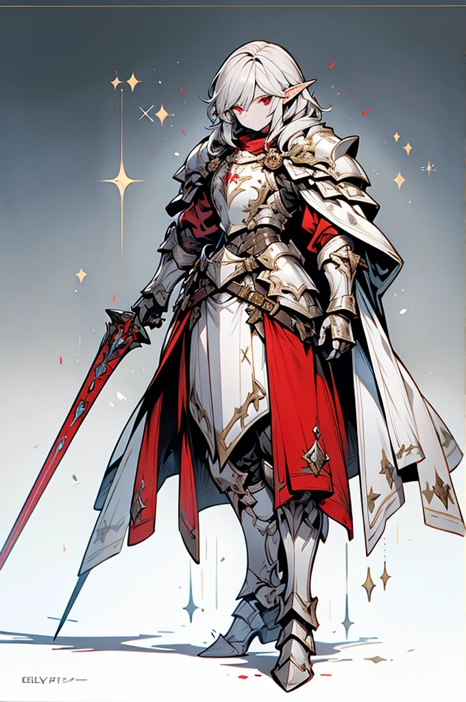 male elf knight, full body art, silver hair, white skin, red iris eye, knight full plate adorned armor, silver cape, perfectly detailed