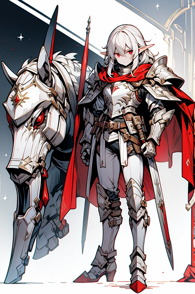 male elf knight, full body art, silver hair, white skin, red iris eye, knight full plate adorned armor, silver cape, perfectly detailed
