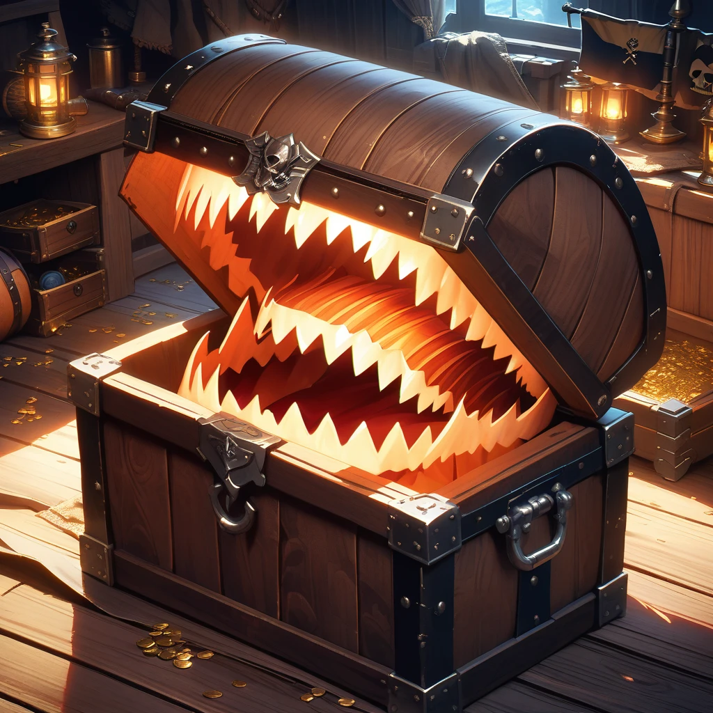 In the pirate's hideout, a treasure chest-shaped mimic opens its mouth wide, baring its sharp fangs. Glowing eyes glow in the dark, and realistic wooden textures and metal decorations. In the background, moonlight shines through, revealing pirate flags and scattered treasure.