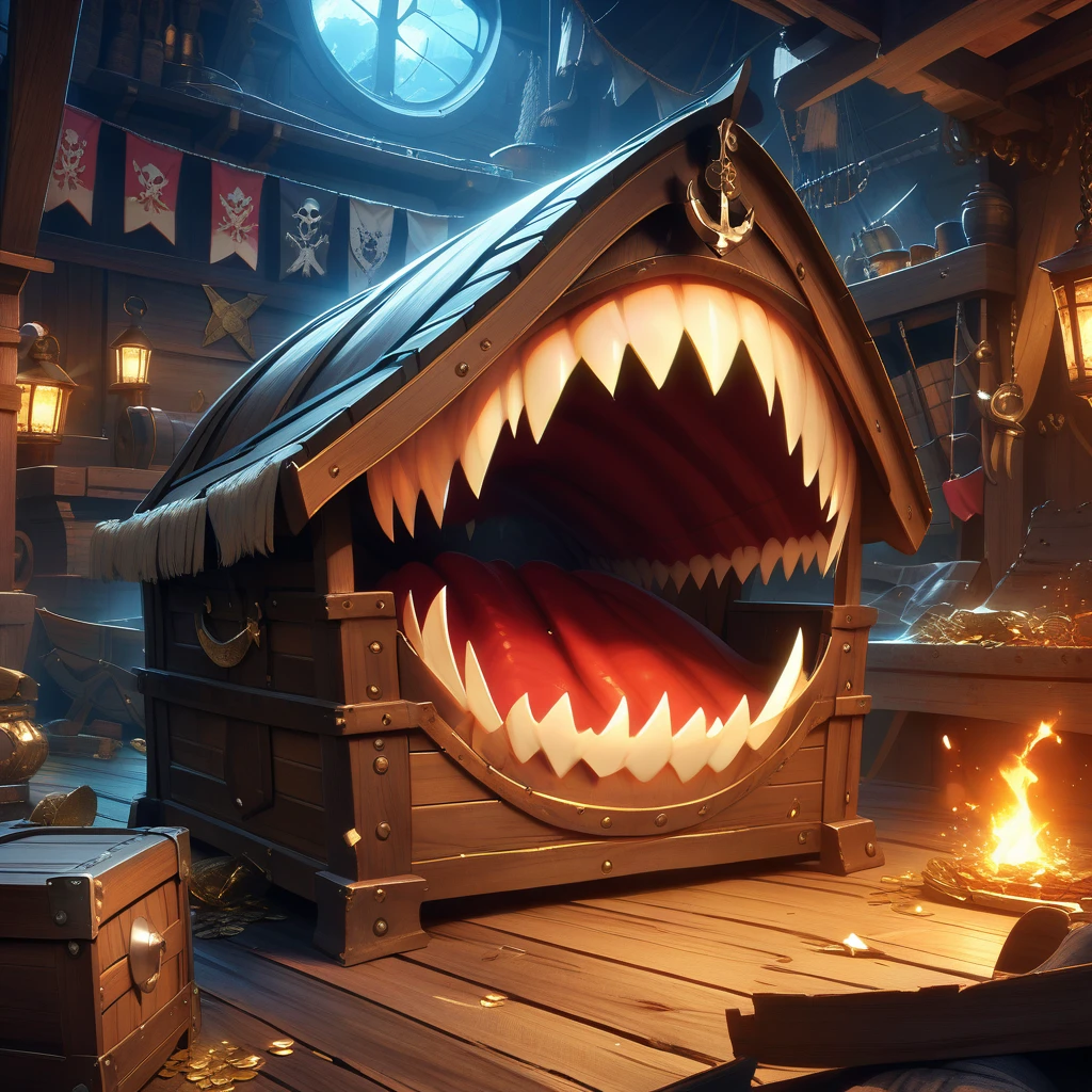 In the pirate's hideout, a treasure chest-shaped mimic opens its mouth wide, baring its sharp fangs. Glowing eyes glow in the dark, and realistic wooden textures and metal decorations. In the background, moonlight shines through, revealing pirate flags and scattered treasure.