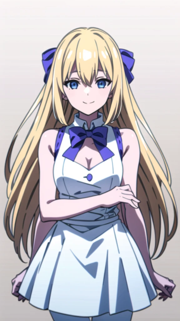 (1girl,20 years old,mature female),blonde hair,long hair,white dress, sleeveless, bow tie, bare shoulders,smile,cleavage,pantyhose,((white background)), aesthetic, detailed, beautiful color amazing quality, best quality, high quality,extra arms,four arms,upper body,from front,