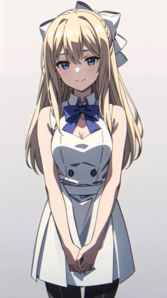 (1girl,20 years old,mature female),blonde hair,long hair,white dress, sleeveless, bow tie, bare shoulders,smile,cleavage,pantyhose,((white background)), aesthetic, detailed, beautiful color amazing quality, best quality, high quality,extra arms,four arms,upper body,from front,
