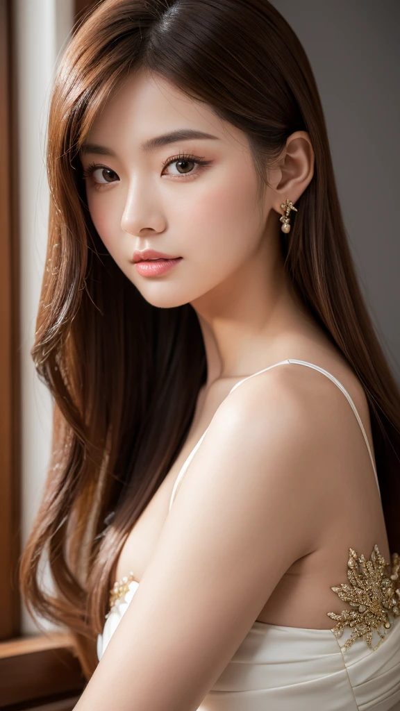 A beautiful young woman posing in a gorgeous outfit, detailed facial features, perfect figure, elegant Japanese goddess, luxurious Chinese model, realistic and photorealistic, wearing a stylish dress, earrings, fashionable and youthful, solo portrait, close-up view, brown hair, best quality, 4k, 8k, high resolution, masterpiece, ultra-detailed, vivid colors, studio lighting, physically-based rendering, sharp focus, professional photography