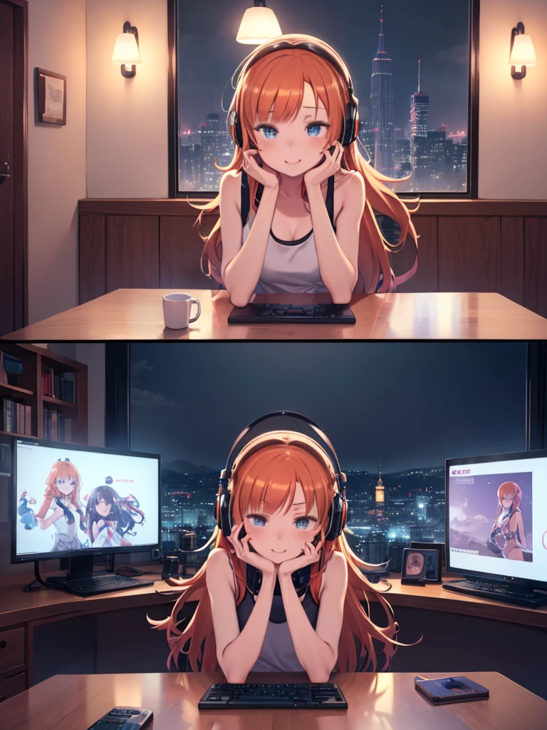 Tabletop, The finer details, 4K, 8K, 12k, alone, alone, beautiful girl, White women, Orange Hair, Long Hair, Game Controllers, indoor, room, 自分のroom, Computer, Playing games, Headphones, Tank top,Laughter、 Night Sky