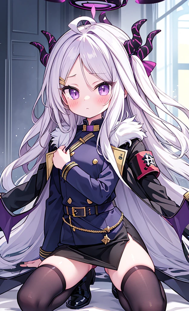 masterpiece,Highest quality,1 Girl,alone,blush with embarrassment,Pokémon-like art style,(bold:1.6),(flat:1.5), HINA, (Blue Archive),(Portraiture:1.2),HALO,HORNS,LONG HAIR,AHOGE,SIDELOCKS,PARTED BANGS,HAIRCLIP,MILITARY UNIFORM,COAT ON SHOULDERS,COAT,FUR-TRIMMED COAT,JACKET,LONG SLEEVES,ARMBAND,BLACK GLOVES,BELT,PENCIL SKIRT,BLACK SKIRT,SIDE SLIT,(WINGS:1.2),LOW WINGS,(PURPLE THIGHHIGHS:1.2),KNEE BOOTS,BLACK FOOTWEAR