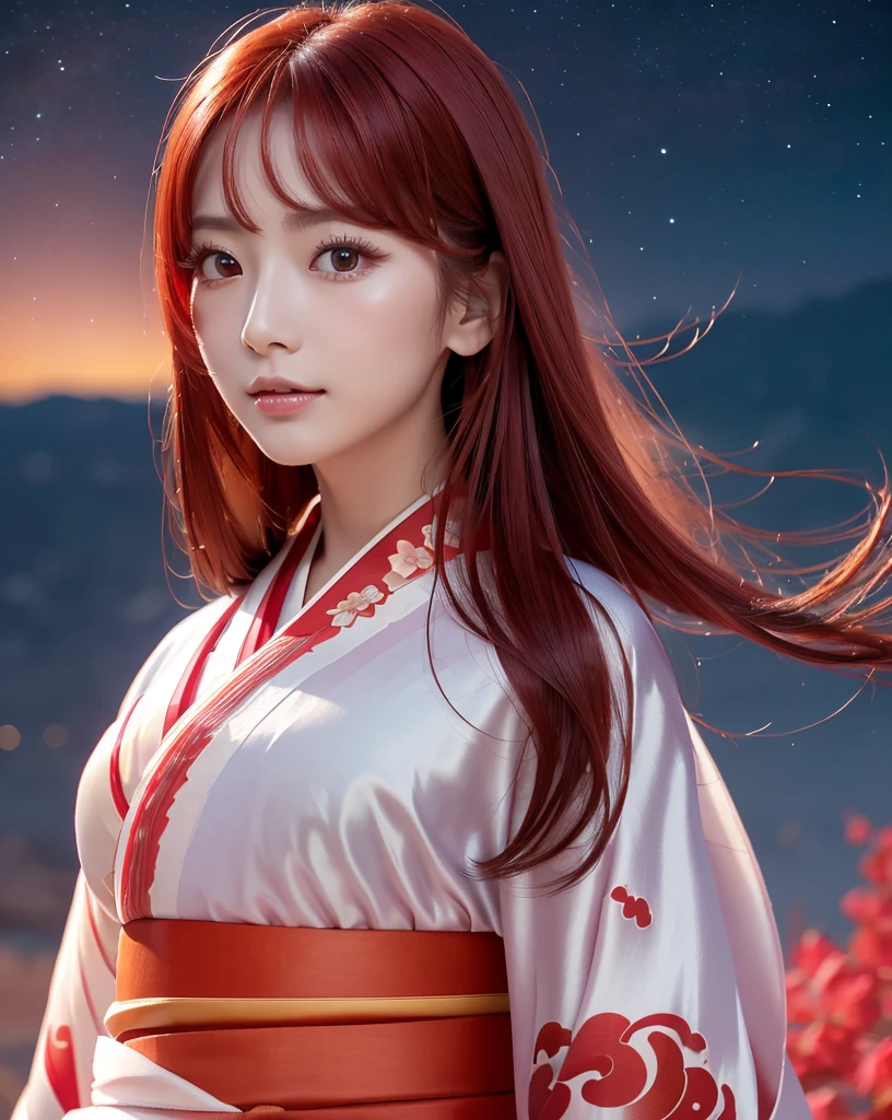 (Highest quality, 32k, High resolution, Masterpiece:1.5, ), marimo_jet, god々A photograph with brilliant dazzling and healing power., Evoking a sense of calm and elusive beauty, Expressing emotions, Have a rich imagination,Beautiful Japanese Girls, ((Low - Angle:1.1)), An exceptionally beautiful face, Small Face Beauty, Perfect Human Anatomy, Magical big eyes, Motherhood and generosity, Deep Love, fleeting smile, ((shiny red hair:1.1)), ((Super Long Straight Silk Hair)), Asymmetrical bangs, Hair between the eyes, Transparent, soft white skin, Sharp eyebrows, Thin lashes, Natural Makeup, Cheek highlighter, Pale pink detailed lips, , ((Red kimono:1.5)), Slim figure with ample breasts, ((Detailed night sky background:1.3)), , Professional Lighting, Professional photographer, Professional models, god秘的
