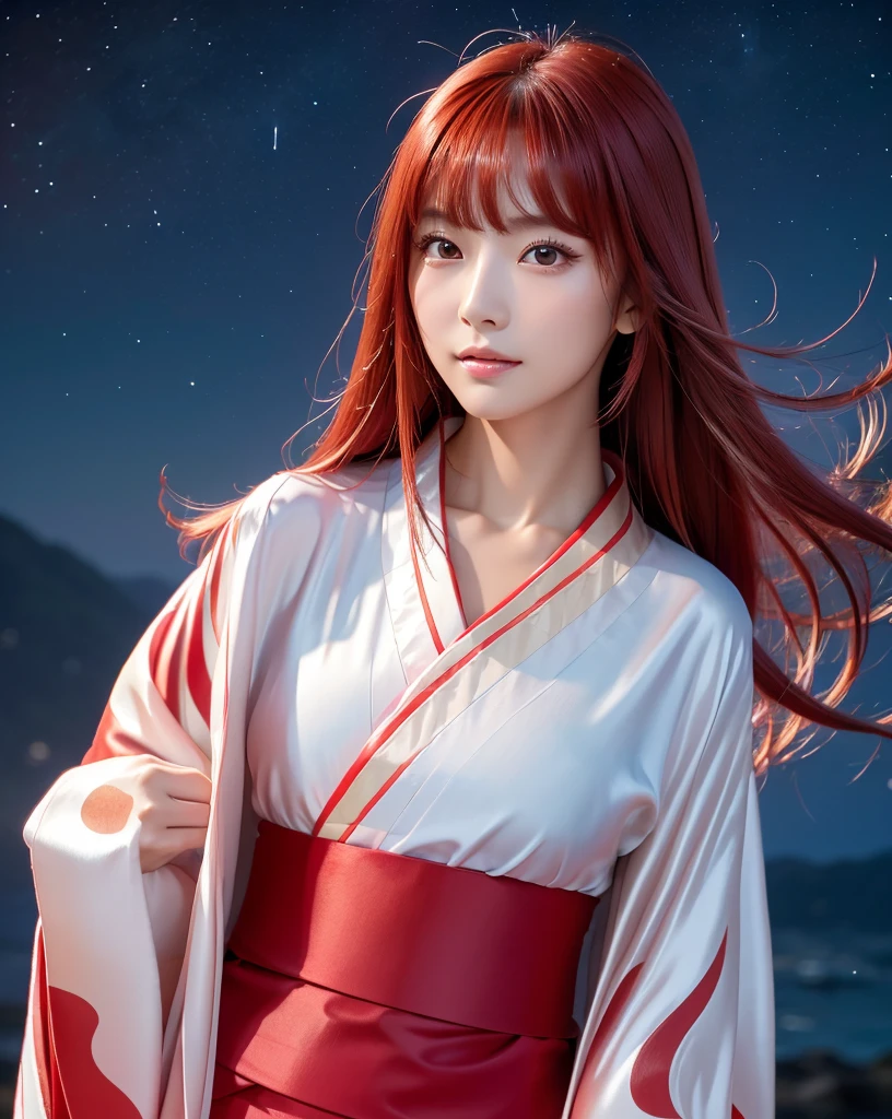(Highest quality, 32k, High resolution, Masterpiece:1.5, ), marimo_jet, god々A photograph with brilliant dazzling and healing power., Evoking a sense of calm and elusive beauty, Expressing emotions, Have a rich imagination,Beautiful Japanese Girls, ((Low - Angle:1.1)), An exceptionally beautiful face, Small Face Beauty, Perfect Human Anatomy, Magical big eyes, Motherhood and generosity, Deep Love, fleeting smile, ((shiny red hair:1.1)), ((Super Long Straight Silk Hair)), Asymmetrical bangs, Hair between the eyes, Transparent, soft white skin, Sharp eyebrows, Thin lashes, Natural Makeup, Cheek highlighter, Pale pink detailed lips, , ((Red kimono:1.5)), Slim figure with ample breasts, ((Detailed night sky background:1.3)), , Professional Lighting, Professional photographer, Professional models, god秘的