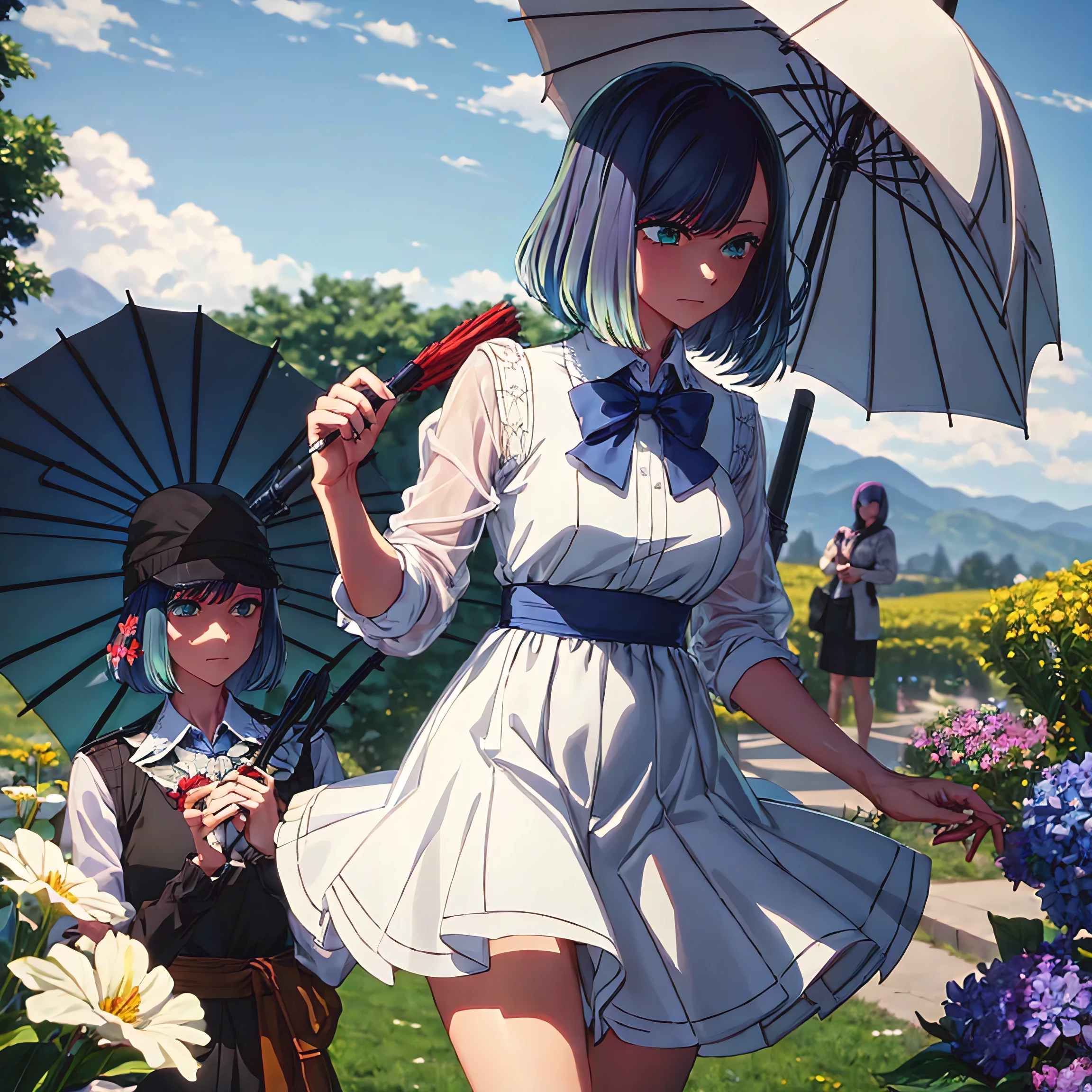 tall body, tall, long legs, mature woman, mature, adult, , eft_oshi_akane, alone, 1 girl, blue hair, looking at viewer, medium hair, white dress, elegant, bangs, closed mouth, green eyes, multicolored hair, hair short, faded hair, blue eyes, umbrella, holding an umbrella, flower field, flowers, many flowers, more details XL