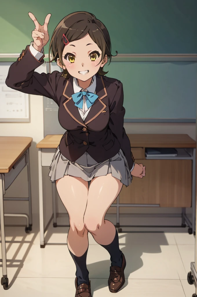 solo, 1girl, , hazuki katou,.,looking viewer ,grin,medium breasts,classroom,blazer,miniskirt,loose socks,thigh