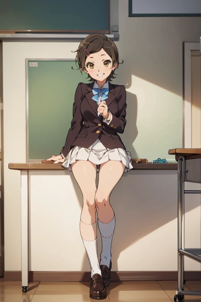solo, 1girl, , hazuki katou,.,looking viewer ,grin,medium breasts,classroom,blazer,miniskirt,loose socks,thigh