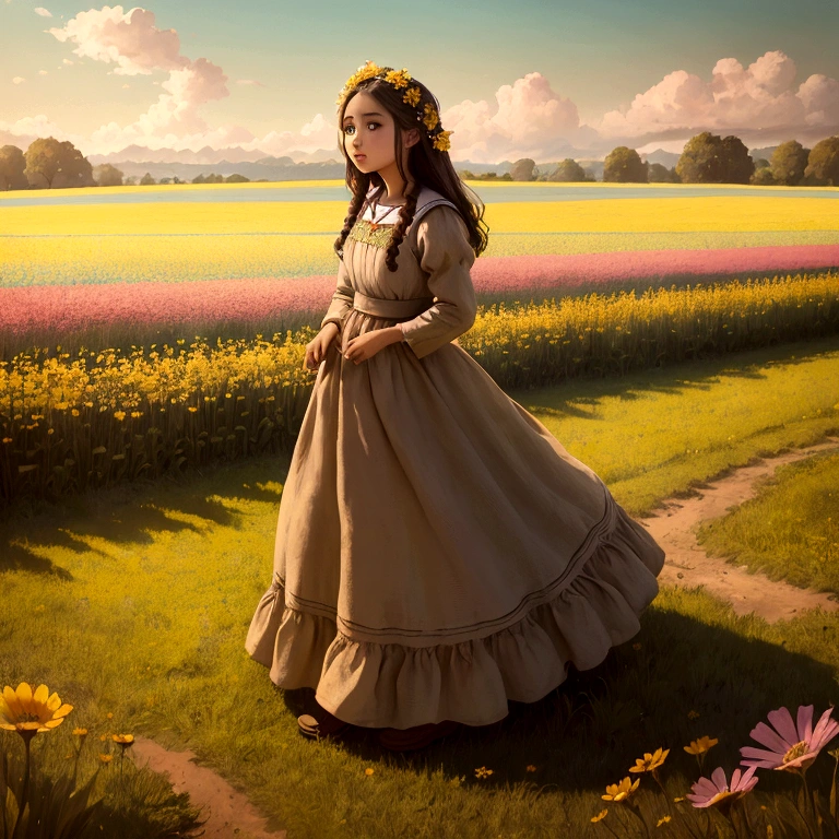 Field, Field, meadow, flores, beautiful girl in peasant dress walking through Field, ((Casa de Field y granero)), Masterpiece, Best Quality, sharp focus, intricate details, perfection, golden ratio composition, 8K resolution, high resolution, beautiful, beautiful sky, vibrant pastel colors, bright colors