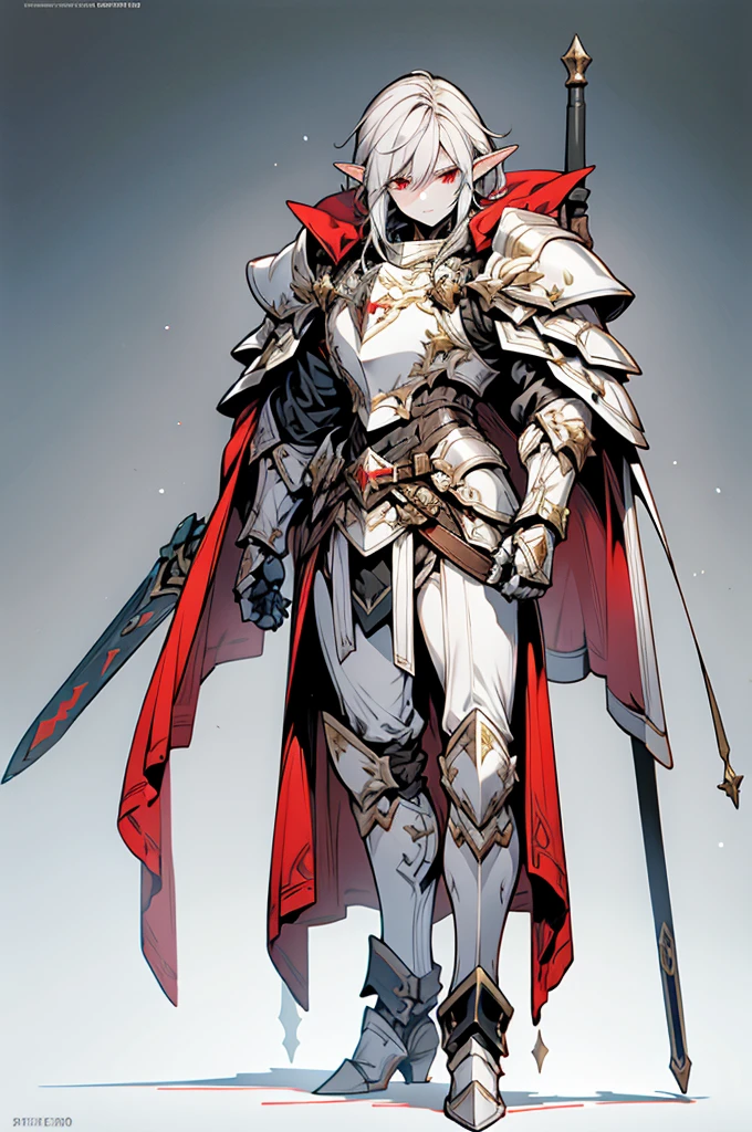 male elf knight, full body art, silver hair, white skin, red iris eye, knight full plate adorned armor, silver cape, perfectly detailed