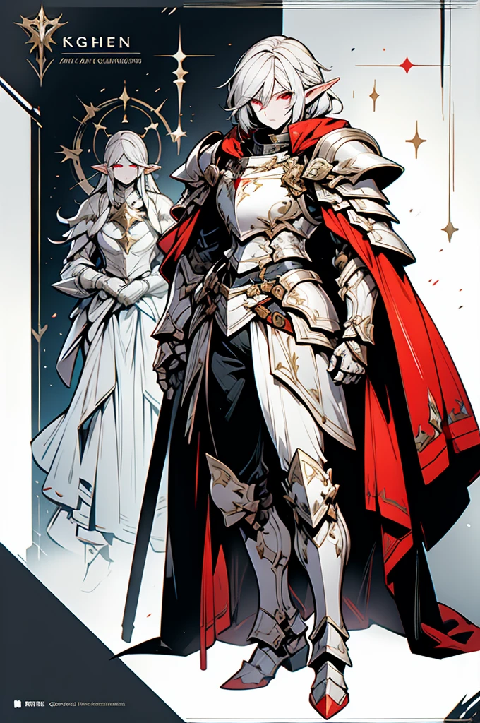 male elf knight, full body art, silver hair, white skin, red iris eye, knight full plate adorned armor, silver cape, perfectly detailed