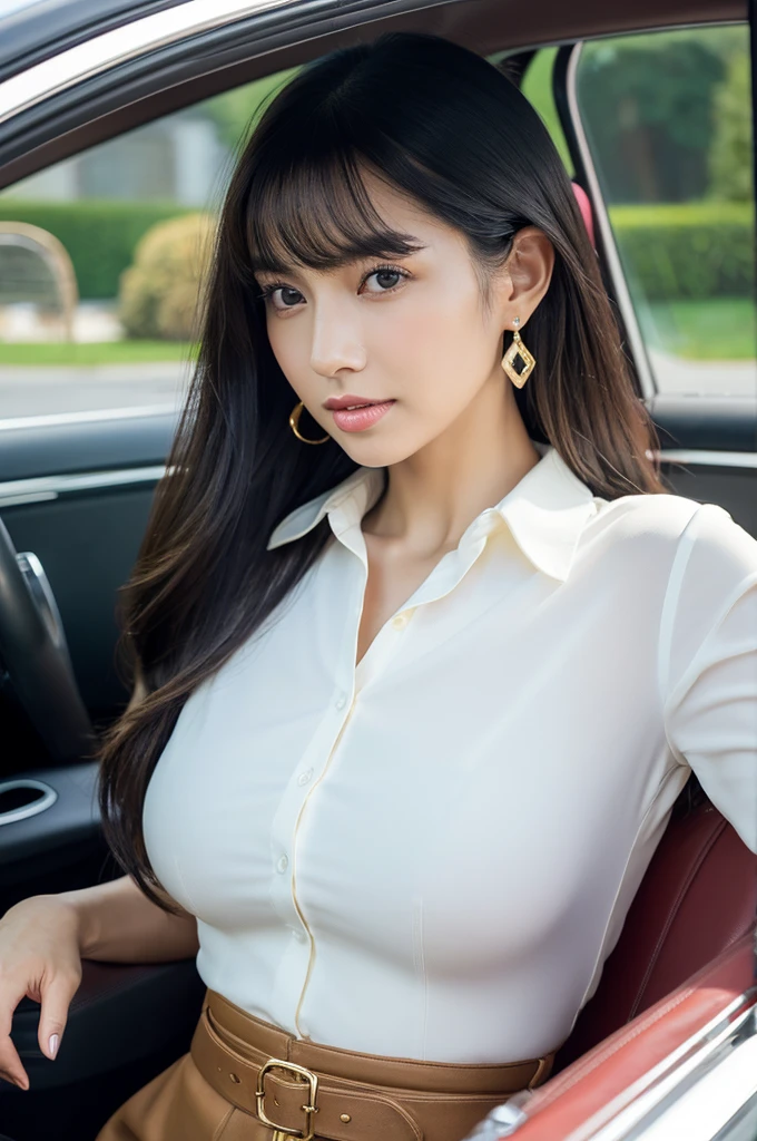 Assistant seat、Inside the car at the driving school, driving school instructor, ((full body)), ((photo)), ((best qualtiy, 8K, tmasterpiece:1.3)), Focus:1.2, perfect figure beautiful girl:1.4, 1girl, cowboy shot, look at viewer, incredibly absurd, beautiful and cute girl with a photorealistic face, showcasing top-quality craftsmanship, A Japanese woman sitting in the passenger seat of a car at a driving school, 22 years old, has long, shiny, straight black hair, long bangs cut above her eyes as see-through bangs, large, dark eyes, long eyelashes, cat-like eyes with slightly upturned corners, well-defined eyebrows, double eyelids, straight nose, thin lips but a healthy, natural red color, well-aligned teeth, sharp jawline, fair, clear skin, smooth skin, long limbs, tall, slender, well-balanced proportions, beautiful C-cup breasts, wearing a white blouse with a black tight skirt and a beige jacket over it. The skirt is knee-length, an elegant and chic outfit, a single diamond earring in her left ear, and a slim gold ring on her middle finger on her right hand, a beautiful older woman, beautiful, neat, serious, responsible, kid, April