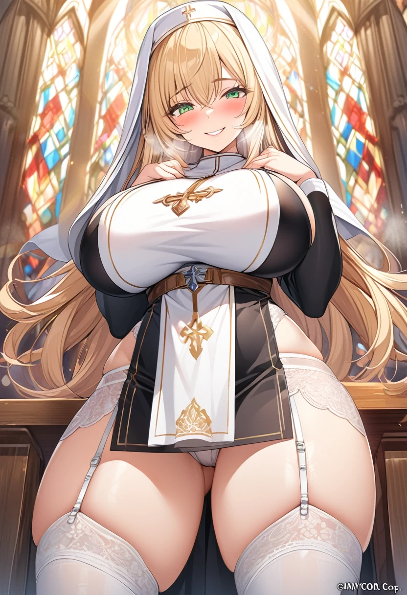 masterpiece, Highest quality, Official Art, Highly detailed CG Unity 8k wallpaper, Detailed Background, (Handcrafted by Guido Daniele), (Finger details), Mature Woman1, (Curvy), (Nuns),  (standing in church), (Nuns gown:1.12), (Chest curtain:1.4), (Nuns skirt:1.11), (White Garter Straps Garter Belt:1.12), (Blonde long hair:1.12), (Hair intake:1.12), (Green Eyes:1.2), blush, (Loving smile, holy smile), ((Huge breasts:1.5、Sagging breasts:1.5、Long Breasts:1.3、sagging breast:1.5)), Tight waist, Shiny skin, (Cross Necklace), indoor, (Sacred Scene), (church:1.11), (Sunlight streaming through stained glass),Mature Woman、((sit、足を広げてsit))、Monastic Clothes、White panties、Photographed from diagonally in front、Confessional Pose、Clasp your hands in front of your chest、Close-up photo of the chest、naughty face、heavy breathing、breast focus、Provocative smile