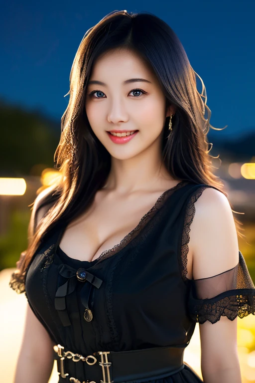 (a gorgeous japanese lady, Age 18, wearing a translucent black fashion dress, natural pose under night sky, soft natural moonlight shines, slender figure with ample round bosom, fair skin, beautiful detailed face, detailed eyes, alluring smile, aegyo dimples, kawaii snaggle-tooth,(best quality,8K,highres,masterpiece:1.2),ultra-detailed,(realistic,photorealistic,photo-realistic:1.37),HDR,uhd,vivid colors,studio lighting,extremely detailed,professional, high camera angle, camera focused on bosom, bokeh night background)