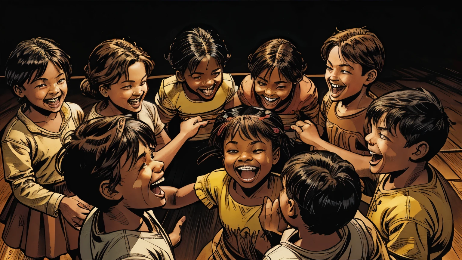 A group of children laughing and dancing in a circle, from all races, high quality, 8k, comic book style, highly detailed, hyper realistic, photorealistic, intricate details, dramatic lighting, vibrant colors, warm color tones, cinematic composition, epic