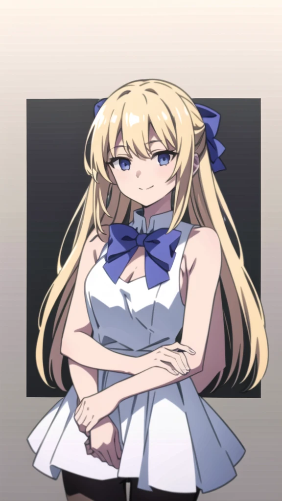 (1girl,20 years old,mature female),blonde hair,long hair,white dress, sleeveless, bow tie, bare shoulders,smile,cleavage,pantyhose,((white background)), aesthetic, detailed, beautiful color amazing quality, best quality, high quality,extra arms,four arms,upper body,from front,