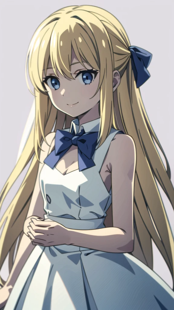 (1girl,20 years old,mature female),blonde hair,long hair,white dress, sleeveless, bow tie, bare shoulders,smile,cleavage,pantyhose,((white background)), aesthetic, detailed, beautiful color amazing quality, best quality, high quality,extra arms,four arms,upper body,from front,