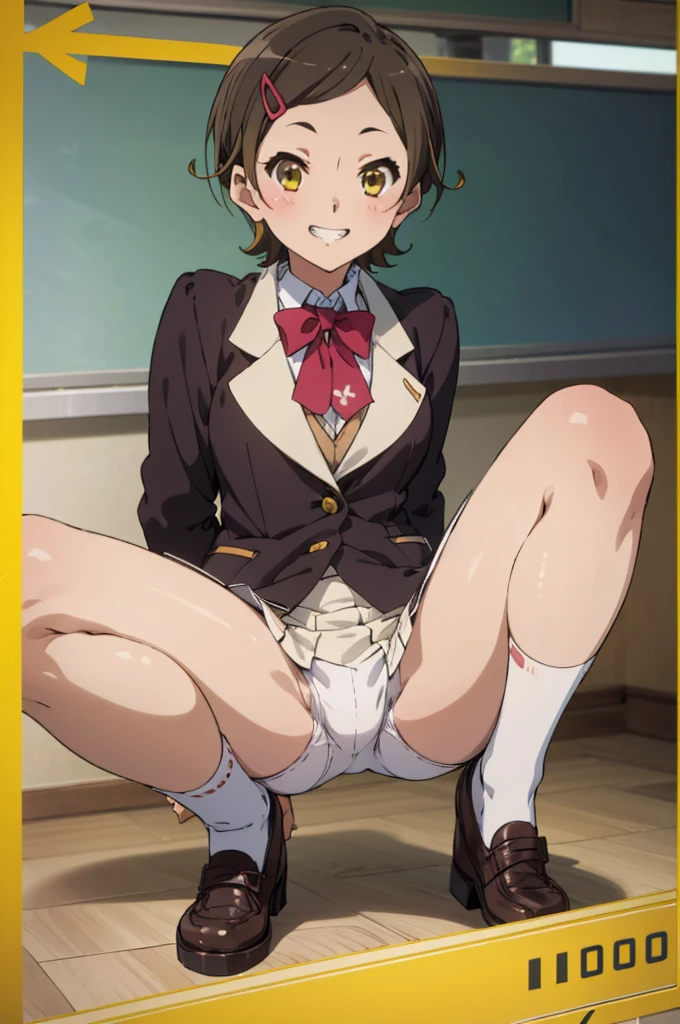 Minami Kotori、lovelive 、One girl in a mini skirt, Sit with your legs wide apart、A seductive smile、Looking down at the viewer, Plump thighs, Highest quality, Focus on the thighs, Spread your legs wide, smile, blazer, blouse, はだけたblouse、Light green panties、Black knee socks,  classroom,My crotch is steamy 、Sweaty knee socks、Show the soles of your feet、Sweaty feet、Stain on the pussy line of panties