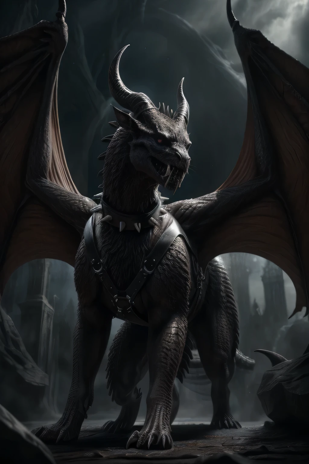 abyss monster, monster, half-dragon, horror, female, feral, black smooth fur, webbed wings, claws, horns, black eyes, feline body, fangs, leather harness, full body, spiked collar, Detailed body fur, three-quarter view, masterpiece, (best quality,4k,8k,highres,masterpiece:1.2),ultra-detailed,(realistic,photorealistic,photo-realistic:1.37),portrait,dark fantasy,deep rich colors,dramatic lighting