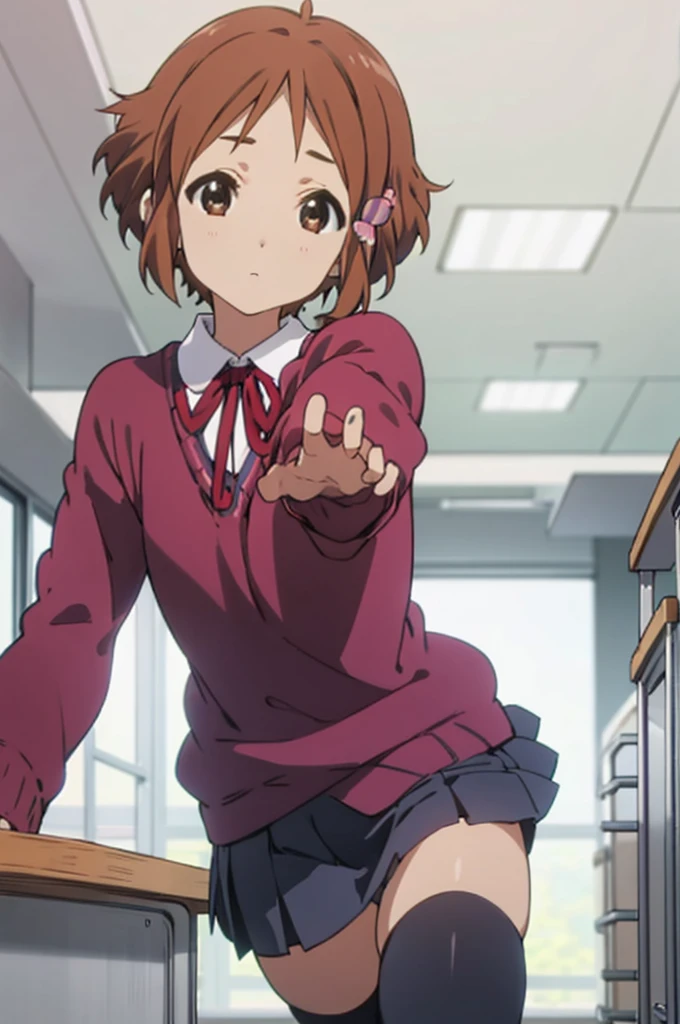 , solo, 1girl, kanna makino,  looking at viewer, expressionless,, cardigans,miniskirt,classroom,black thighhighs