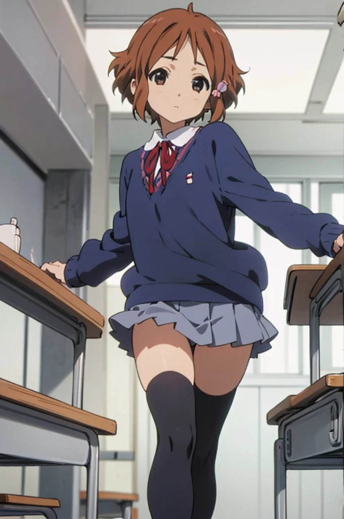 , solo, 1girl, kanna makino,  looking at viewer, expressionless,, cardigans,miniskirt,classroom,black thighhighs