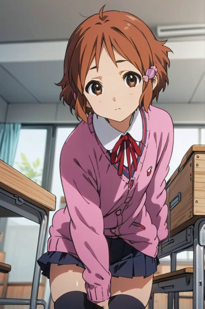 , solo, 1girl, kanna makino,  looking at viewer, expressionless,, cardigans,miniskirt,classroom,black thighhighs