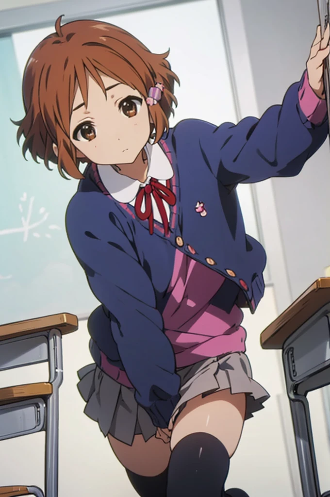 , solo, 1girl, kanna makino,  looking at viewer, expressionless,, cardigans,miniskirt,classroom,black thighhighs