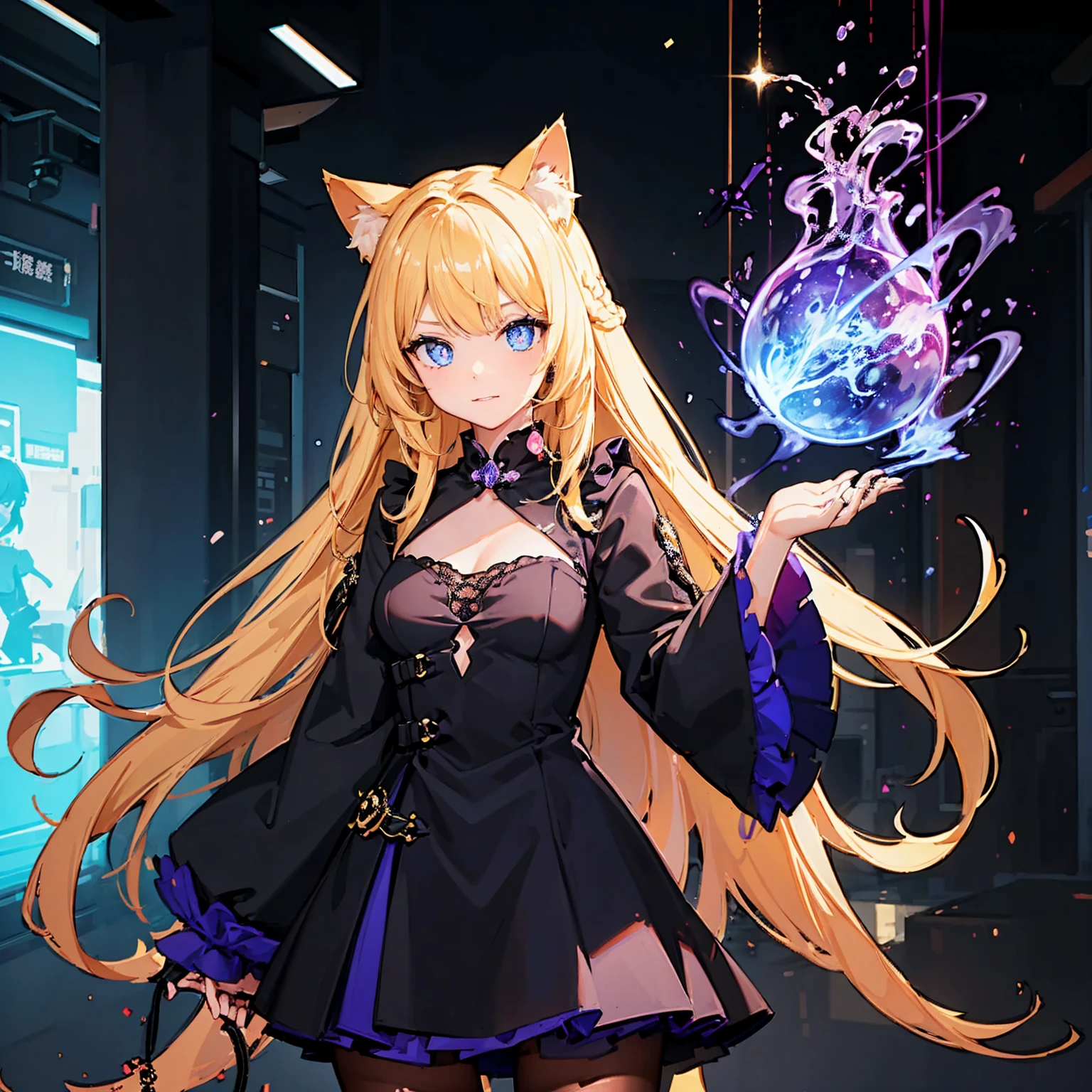 1girll，Yellow hair，There are cat ears and fish tails，Blue-purple pupils。Dark magic can be cast，Flashing purple。