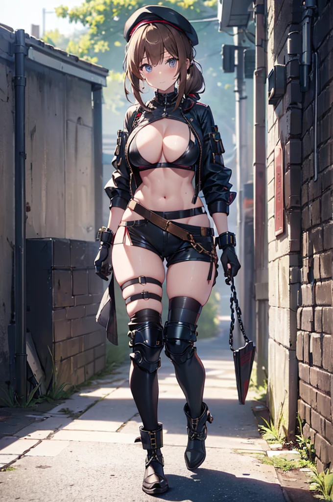 ubel,dark green hair,long hair,side ponytail,hair between eyes,bangs, BREAK (beret, black jacket, open clothes, cleavage, midriff, black shorts, black thighhighs, thigh strap, fingerless gloves, single glove:1.2), Photo,sharpness, F1.6 lens,hyper-realistic textures,spectacular light textures, Cinestil 800 Fashion Mechanics,(((Beautiful woman with left leg restrained and hung by chains))),Appearance,Beautiful girl with accentuated slender abs: 1.1,six-pack abs: 1.1, Bust Botox,Standing on tiptoe, long legs,Long brown hair fluttering in the wind,Brown hair, Long hair, Female Warrior Costume,(No panties,No bra),(tacticul battle fashion,elbow and knee tacticul battle fashion, battle glove: 1.1),((cute batre costume)),The belly comes out and the navel is visible,Thin sheer costume, combat gloves,shredded costumes,cyber long combat boots with golden knee pads,Anatomical,(futuristic sci-fi battle fashion, new elbow and knee cyberpads, new cyberlong boots, new cybergloves: 1.1),(tied perfectly by iron chain), Restraint, Slave, collars, contempt, (Chained), 4 chains hung from heaven, Metallic shackles and fetters, wet crotch clearly visible,((Hands are restrained above the head)), the neck is chained,Chain from left knee to heaven,Chained by rusty iron chains,((the tip is protruding, areolas protruding,The shape of the pubic area is clearly visible:1.2)),Sweating,Wet,Wet crotch,Wet thighs,Junkyard, Realistic, (cute, perfect clothes, skimpy clothes, cute: 1.3) ,Vast miritary base in us,((wide mirtary hospital with summer sunlight)), peeling ceilings, Rebar between, Realistic material details, Extreme details, Ultra-realistic materials,narrow waist,(with sparkling eyes and a contagious smile:0.9),looking at viewer,