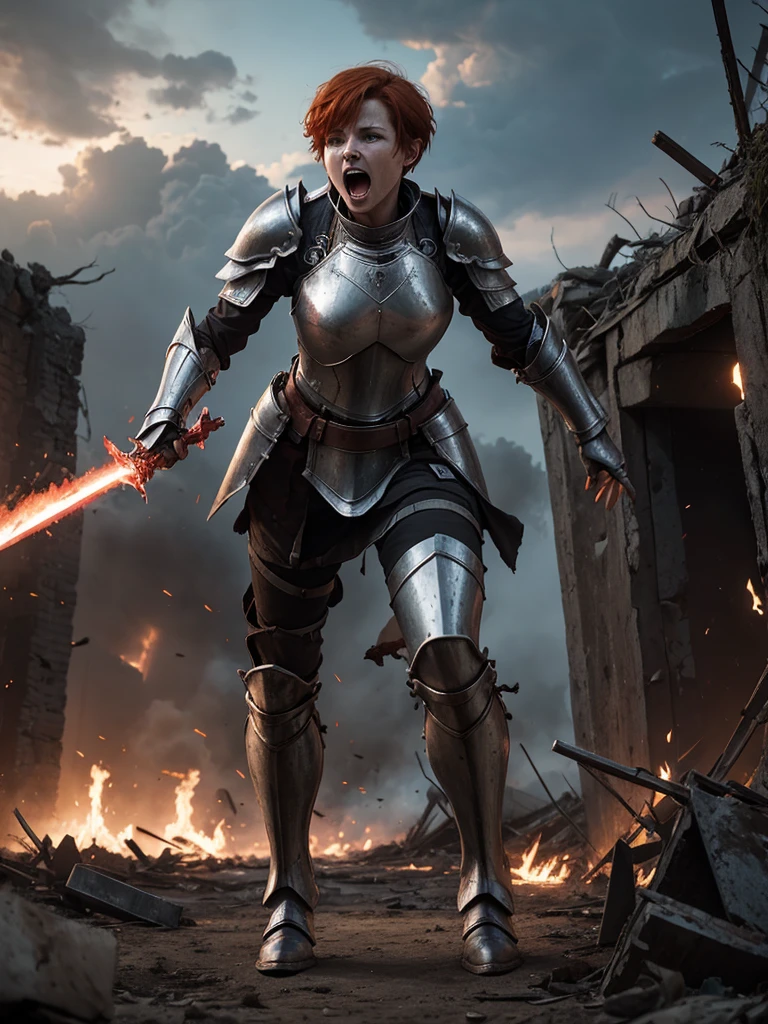 Short-haired redhead woman wearing partially destroyed silver full-body armor, while screaming wounded wielding a red magic-infused battlefield on a ruined battlefield