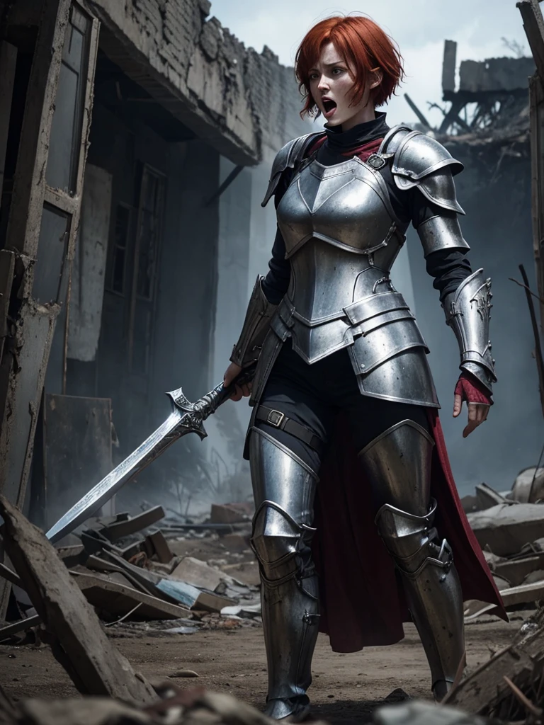 Short-haired redhead woman wearing partially destroyed silver full-body armor, while screaming wounded wielding a red magic-infused battlefield on a ruined battlefield