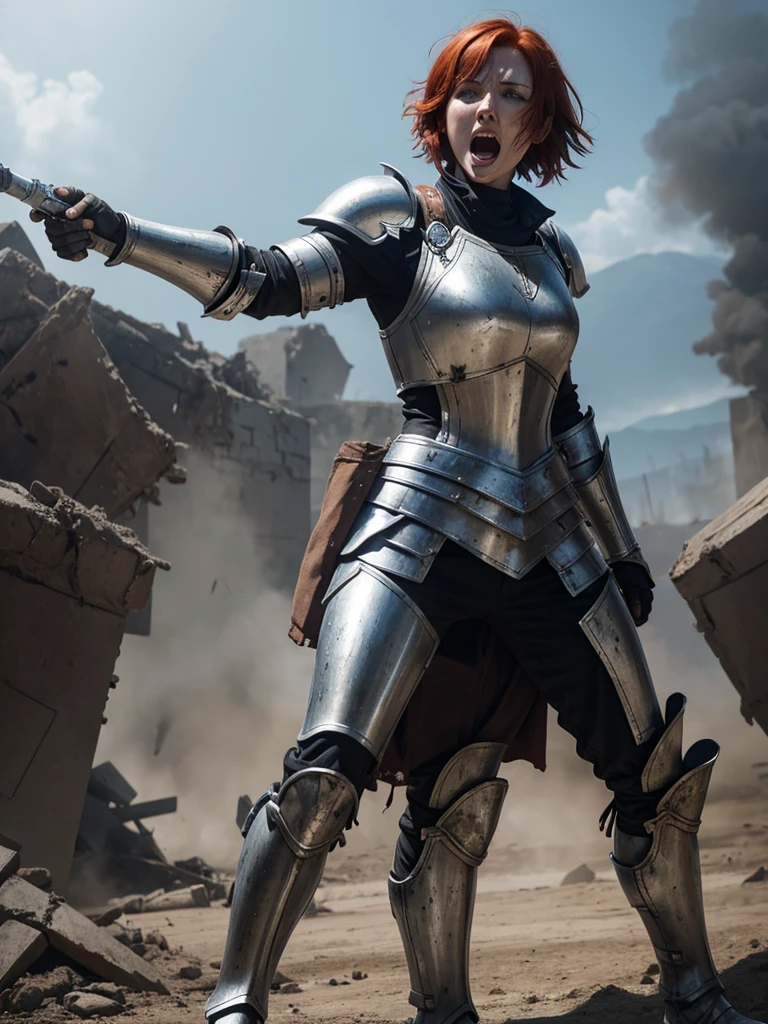 Short-haired redhead woman wearing partially destroyed silver full-body armor, while screaming wounded wielding a red magic-infused battlefield on a ruined battlefield