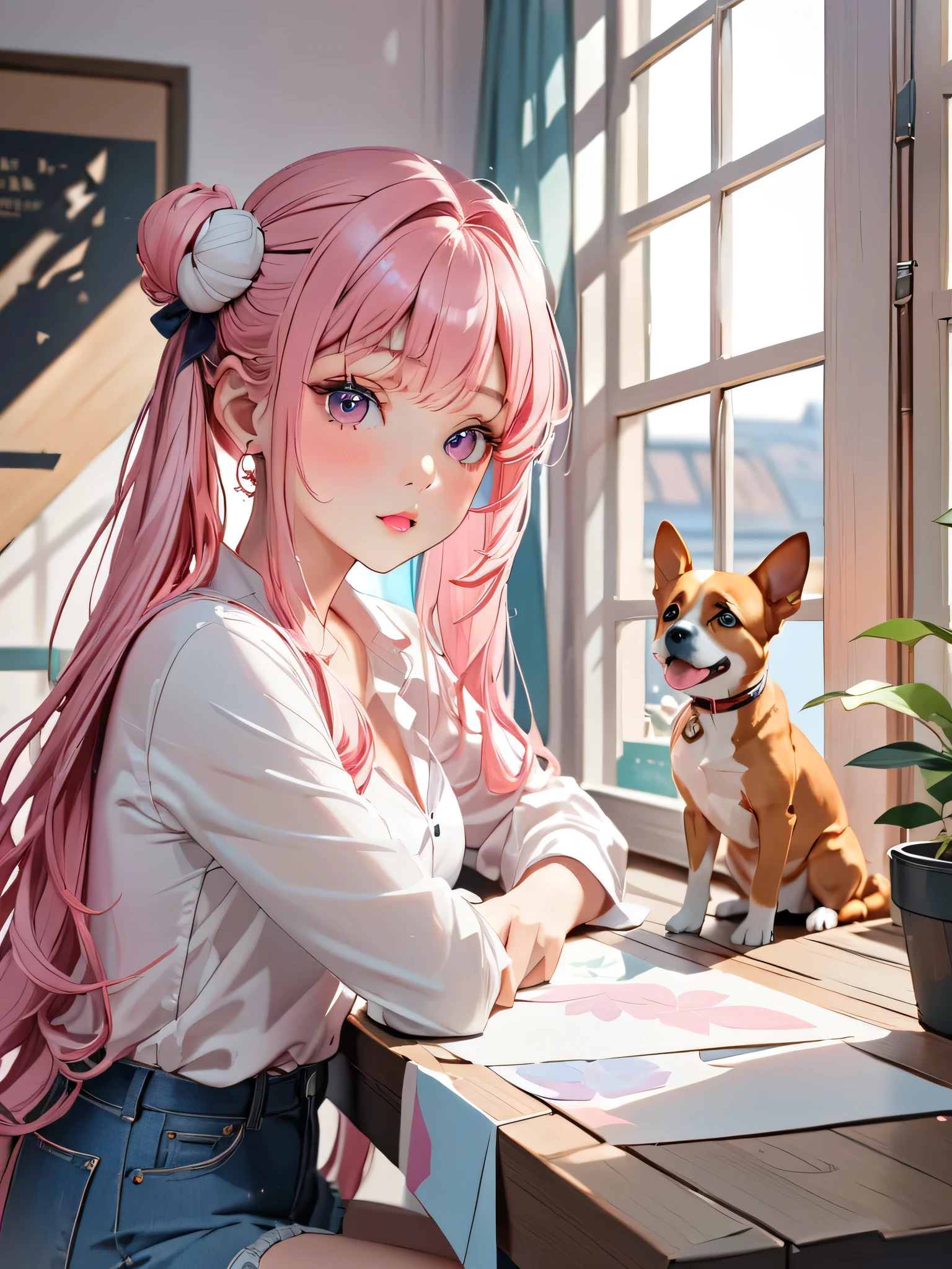 (((How to cut paper))), (The frame of the illustration is a 3D paper cut: 1.2), (colorful), 1 Girl, Pink long hair, Twin tails, cap, denim, shirt, A dog and a girl,masterpiece, Highest quality, High resolution, {Detailed and beautiful eyes}, finely, Detailed and beautiful eyes,1 Girl, (alone:1.5), (Hair Ribbon:0.4), Pink Eyes,(((White bun hair))),(((Long pink hair))),